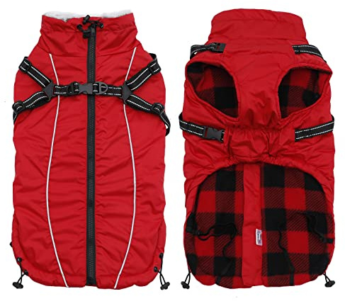Geyecete Winter Warm Coat with Super inner fleece Dog Jacket Windproof snowproof with Buckle and D-Ring with hood,Pet outdoor jacket - Red-M
