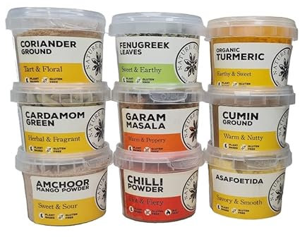 Nature Kitchen 9 Essential Indian Spices Set Curry Seasoning Collection, Gluten Free, Vegan Friendly, Cumin, Turmeric, Amchoor, Fenugreek, Cardamom, Garam Masala for Everyday Cooking