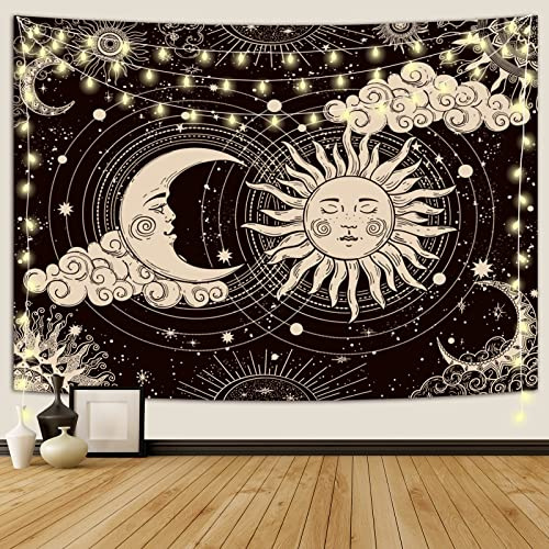 Wonrizon Sun and Moon Tapestry, Aesthetic Black Dark Spiritual Tapestries Mystic Burning Sun with Clouds Star Wall Hanging decor for Bedroom (51.2 x 59.1)