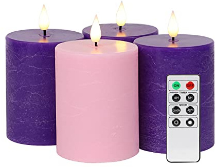 Fanna 4 Candele Led con Telecomando e Batteria per Avvento, Candele con Timer per Natale Decorazione Uso Interno - H 10cm - Rosa/Viola