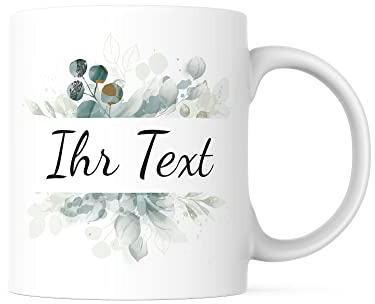 Tasse personalisiert mit Namen, Aquarell-Blumenrahmen, Keramik | Kaffeetasse mit Namen im Aquarell-Blumenkranz – der Name blüht in der Mitte, zum Muttertag und Geburtstag