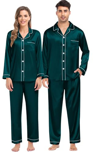 SWOMOG Ensemble de pyjama assorti en soie pour femme avec 2 poches, manches longues, vêtement de nuit boutonné, vêtement de détente vert foncé, taille L