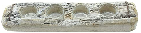 FRANK FLECHTWAREN Teelichthalter Weiße Rinde, rustikale Holzdeko, weiß gekalkt, Metallgriffe, Vier herausnehmbare Glaseinsätze, Maße: 34 x 8 cm, ohne Teelichter