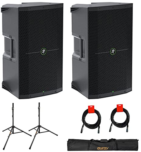 Mackie Thump212XT 1400W 12 Powered PA Loudspeaker System with DSP and Bluetooth (Pair) Bundle with Auray SS-47S-PB Steel Speaker Stands, Carrying Case, and 2X XLR-XLR Cable