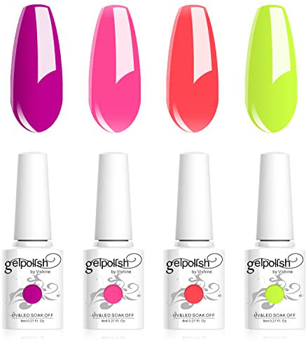 Vishine Geles de Esmalte Semipermanente, Lote de 4 Colores Fluorescentes, Neón Fucsia, Rosa, Naranja, Amarillo, Colección de Nail Art Esmalte de Uñas en Gel para UV LED, Barniz de Manicura 8 ml C029