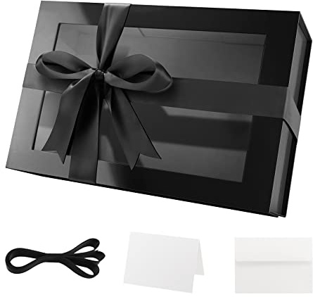 Packqueen Große schwarze Geschenkbox mit Fenster, 34,9 x 22,9 x 10,4 cm, transparente Geschenkbox für Geschenk, enthält Band, Karte, Trauzeugen-Antragsbox mit magnetischem Deckel (glänzendes Schwarz)