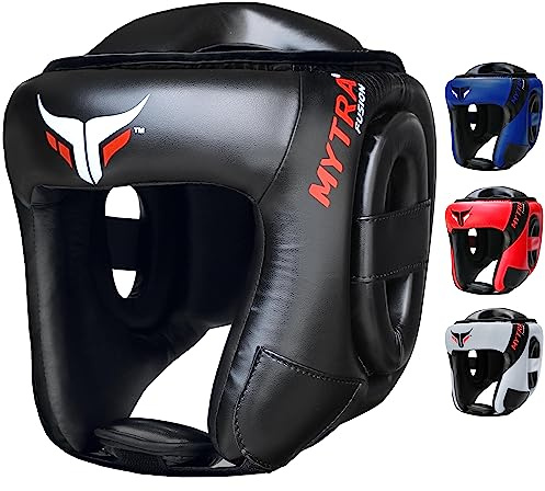 Mytra Fusion kopfschutz Boxen kopfschutz mit verstellbarem Riemen MMA, Muay Thai, Sparring, Kampfsport, Karate Box kopfschutz (Black, S/M)