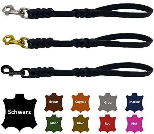 Hundeleine Fettleder/Kurzführer Leder handgeflochten für mittlere und große Hunde (Schwarz, 40cm Haken: Edelstahl (Silber))