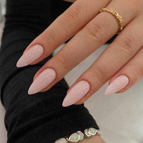KQueenest Dusty Pink Press on Nails Medium Almond, Gel Fake Nails Press on, Glue on Nails Medium Length, Neutral Stiletto Acrylic Nails, Reusable False Nail with UV Coating for Daily & Wedding 24 Pcs