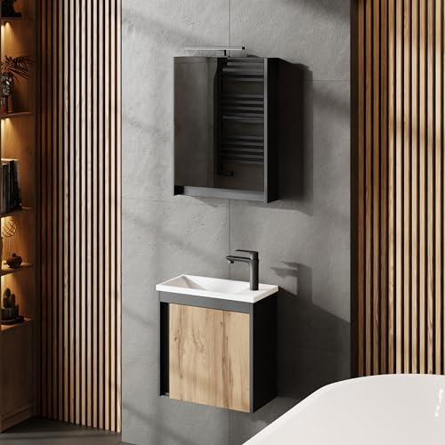 Planetmöbel Waschbecken mit Unterschrank 50 cm | Grau Matt / Wotan Eiche, Spiegelschrank Bad mit Beleuchtung 50 cm, Waschtisch Badmöbel Gäste WC Set, 2 teilig