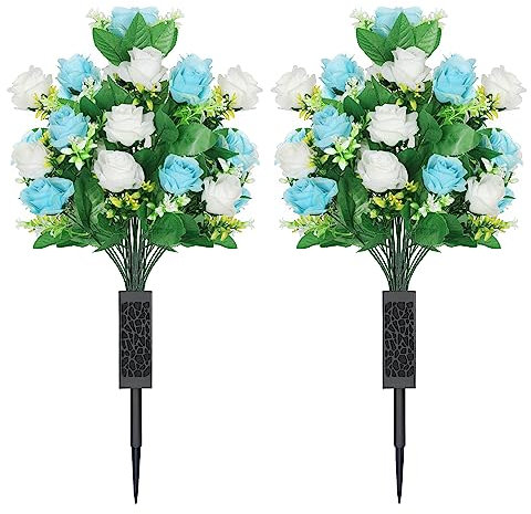 Künstliche Friedhofsblumen, künstliche Friedhofsblumen mit Vase, Gedenkblumen, künstlicher Rosenstrauß, Friedhof, Gedenkblumen für Friedhof, Grabsteine, Dekoration (Hellblau und Weiß), 2 Sets