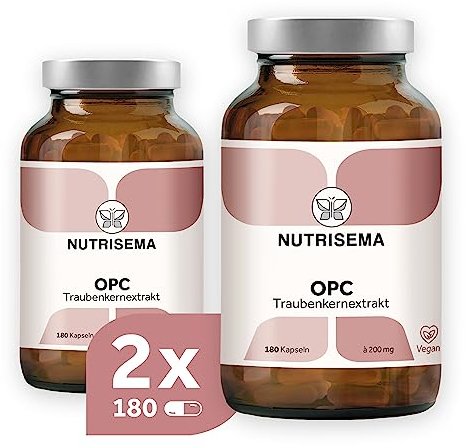 OPC Traubenkernextrakt I 360 vegane Kapseln (2er Pack) I im Glas I OPC Gehalt 400 mg/Tag (≥60% HPLC) I Trauben aus Italien und Deutschland I hoch bioverfügbar I in Deutschland produziert & geprüft