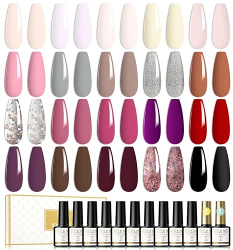 ROSALIND UV Nagellack Set 22 Pcs Nagellack Mit Top & Base Coat 20 Farben Shellac Set UV LED Soak Off Nail Polish Gel Lack Glitzer Braun Rot Rosa Silber ManiküRe Set 8ml