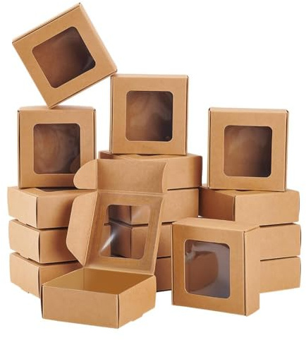 BENECREAT 36-pack kraftpapperslådor i brunt med genomskinliga fönster, 7,5 x 7,5 x 3 cm, vikbar presentask, för fest, bröllop, bageri