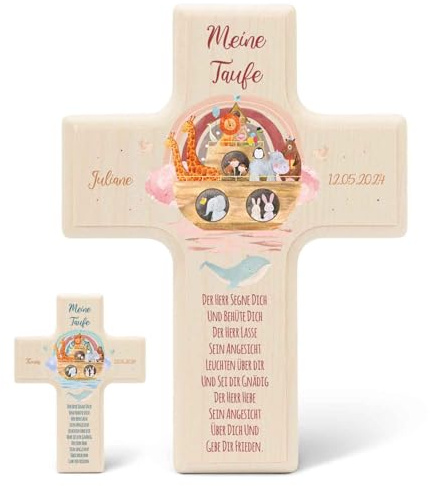 GRAVURZEILE Cruz infantil personalizada para bautismo, comunión y confirmación, diseño de arca, cruz de madera para niños personalizados con texto, regalos personalizados para niños y niñas, color