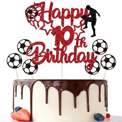 Gidobo 10th Birthday Cake Toppers, Red Glittery Cake Decorations with Football Theme, Ten Years Old Soccer Birthday Party Supplies for Boys
