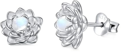 Flyow Mondstein Lotus Schmuck Set 925 Sterling Silber Mondstein Lotusblume Halskette und Ohrstecker Natürliche Heilung Buddha Spirituelle Yoga Lotusblüte Schmuck Geschenke für Frauen Mädchen