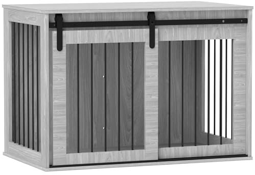 PawHut Hundekäfig 98 cm Hundebox für Zuhause mit Abschließbar Schiebetüren Moderne Metall Indoor Hundehütte für große Hunde Hundehaus 98 x 58 x 61 cm Grau