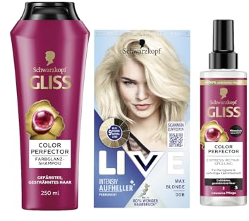 Schwarzkopf Live Aufheller Max Blonde 00B (142 ml) Blondierung ohne Gelbstich & Gliss Shampoo (250 ml) & Express-Repair-Spülung (200 ml) Colour Perfector, Hitzeschutz (230 °C)