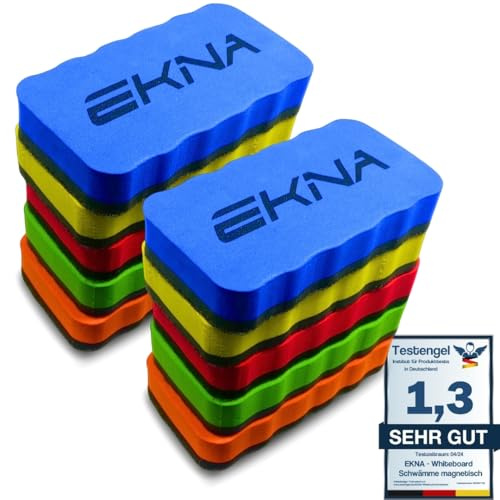 EKNA 110 x 55 mm spugna bianca – 10 pennarelli colorati – Spugna per lavagna bianca e lavagna – Gomme da parete per la pulizia a secco per pennarelli, penne e gessetti (set da 10 pezzi)