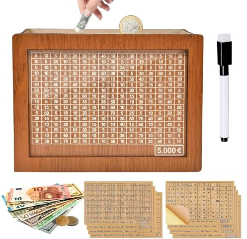 Soodyoow Spardose aus Holz - Retro Sparbüchse mit Zähler und Zahlen zu Kreuzen, Aufbewahrungsbox für Erwachsene und Kinder mit Sparziel (5000€)
