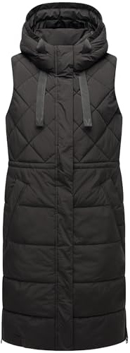 MARIKOO Ärmlös lång utomhusväst varm quiltad väst av återvunna material med huva Narikaa 16 XS-3XL, svart, XS