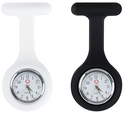 Fob Watch, 2PCS Nurses Fob Watch, Silicone Nurse Watch with Brooch, Infection Control Design, Pocket Clock with Pin for Health Care Nurses Doctors Staff Brooch Digital Fob Watch for women(White,Black)
