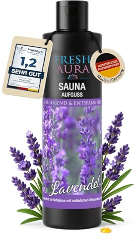 FRESH AURA Saunaaufguss Lavendel (250ml) – Sauna Aufgussmittel mit natürlichen ätherischen Ölen – Sehr ergiebiger und langanhaltender Saunaduft | Made in Germany