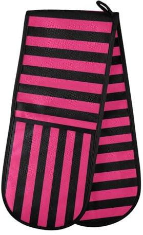 Oven Gloves Double Oven Gloves Pink Black Stripe Oven Mitts Pot Holder Heat Resistant Quilted for BBQ Baking Kitchen Cooking Gloves