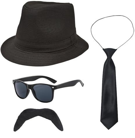 UILYNIU 4 Pezzi Costume da Gangster Uomo Adulto, Accessori 20s per Costume Uomo Cappello Panama Cravatta Occhiali da Sole Baffi, Adulto Costume in Maschera da Boss Gangster Cappello Fancy Dress