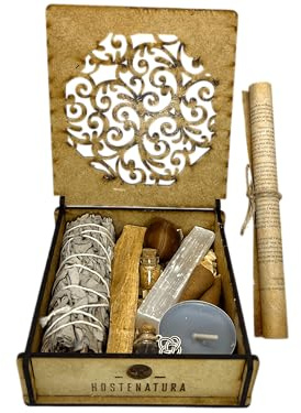 HOSTENATURA Kit de nettoyage énergétique et de protection dans une boîte en bois avec instructions et rituel - Naturel et écologique - Kit cadeau de nettoyage énergétique et de protection - Comprend