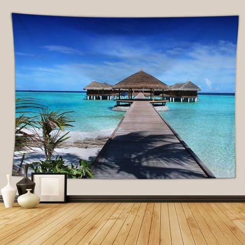 Homxi Wandteppich Schlafzimmer Wanddeko 230 x 150 CM,Polyester Wandteppich Kinderzimmer Deko Holzhaus und Seelandschaft Wandteppich Aesthetic Grau Blau