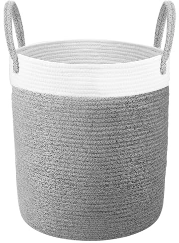 Mardiko Cotton Rope Basket Large Laundry Basket Woven Baby Storage Laundry Hamper with Handle 40L for Diaper Blanket Toy Storage, Dark Grey