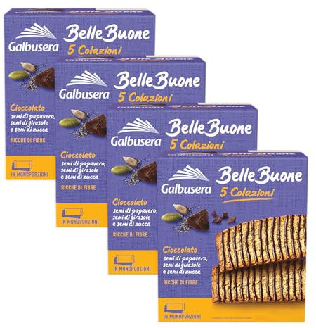4X Galbusera BelleBuone 5 Colazioni Fette con Cioccolato, Semi di Papavero, Girasole e Zucca 200g