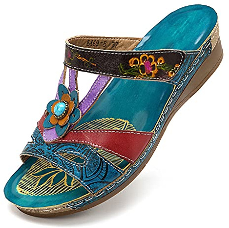 Zeiayuas Womens Orthopedic Sandals Anti Slip Open Toe Leather Slides with Memory Foam Ladies Wedge Sandal Platform Sandals & Slides Arch Support Slippers Comfy Retro Mules Holiday Beach Walking Shoes