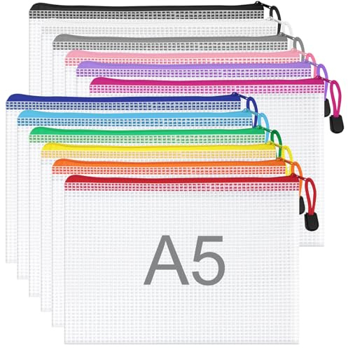 WISYOK A5 Plastic Wallets Zip, 12pcs, 23.5x16.5cm, 12 Colours | Zip Lock Bags Mesh, Plastic Folders, Document Wallets, Zipper File Bags for Office, School, Travel, Home