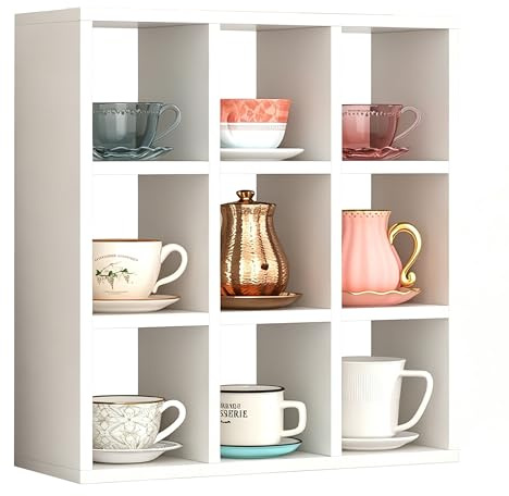 Helsin Regal für Kaffeetassen mit 9 Fächern, 40,6 cm, Wandmontage, Holz, Curio-Schattenbox-Regal, Tassen-Schweberegale, Display und Organizer (weiß)