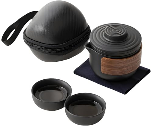 yeeplant Service à thé de voyage 4 pièces, mini théière Kung Fu et tasses avec étui noir, ensemble compact en céramique pour l'heure du thé en plein air, les pauses au bureau ou les goûters