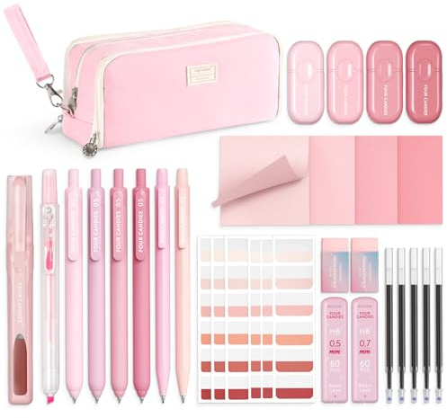 Four Candies Aesthetic School Supplies, 4 Gel Pens with Black Ink, 4 Correction Tape, 2 Pastel Highlighters, 2 Mechanical Pencils, Sticky Notes, Index Post for Back to School Supplies with Case Pink