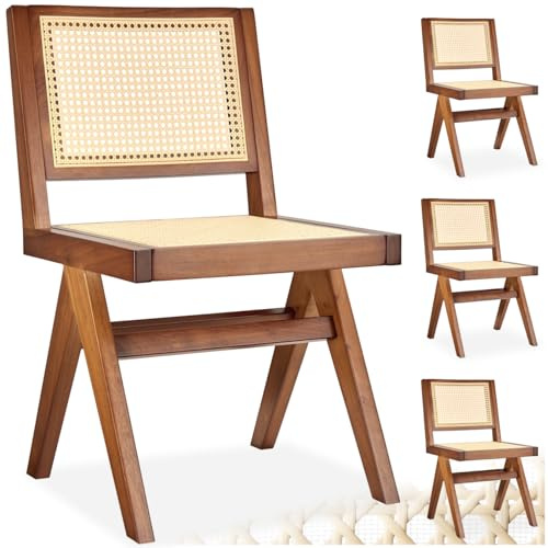 tectake® Esszimmerstühle, Boho Korbsessel Wiener Geflecht, Esstisch Stühle, Essstühle, Küchenstühle 4er Set, Esszimmer, Sessel Wohnzimmer - Eiche dunkel ohne Armlehne, 4er Set