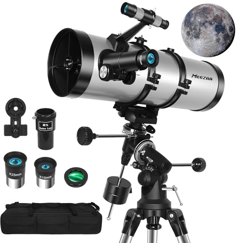 MEEZAA Telescopio Astronomico Professionale, 150EQ Newtoniano Riflettore Telescopio per Adulti e Principianti con Montatura Equatoriale, Treppiede, Adattatore Telefono, Filtro Lunare e Borsa Trasporto