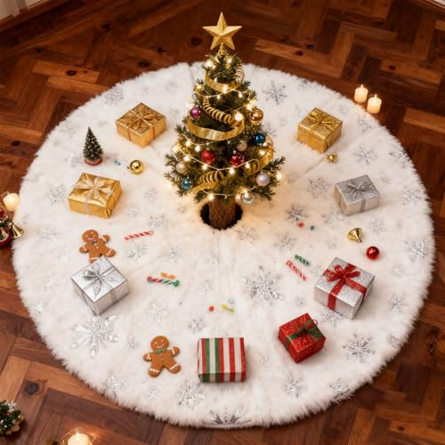 hocadon 122CM Baumdecke Weihnachtsbaum Deko Rund Christbaumdecke Weißer Weihnachtsbaum Decke mit Silbernen Schneeflocken für Weihnachtsbaumrock Decorations
