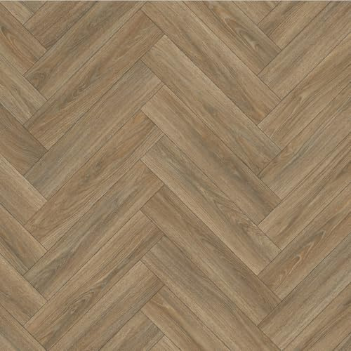 Lino Vinyl Flooring Roll, Traditional Oak Herringbone Wood Plank Effect, Anti-Slip, 2m-3m Width (2m x 2m)