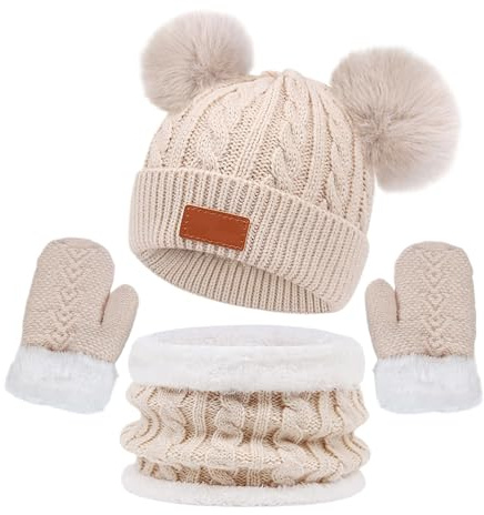 Generisch Kindermützen, Schals und Handschuhe, dreiteilig, Herbst und Winter, warm, Zwei Babymützen. (Beige, One Size)