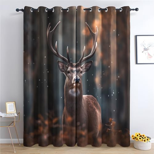 Hirsch Vorhänge Waldtiere Jagd Elch Wilde Tiere REH Vorhang Blickdicht mit Ösen, Verdunkelungsvorhang Gardinen für Schlafzimmer Wohnzimmer Fenster Deko, Blackout Curtain 2er Set H 166 x B 75 cm