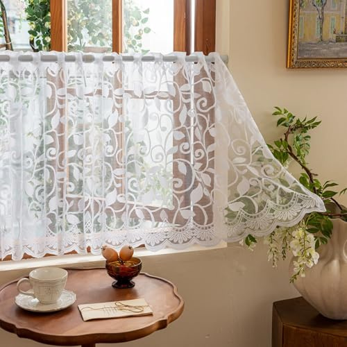 Yaland Jacquard Scheibengardine Landhaus Stil transparente Küchen Vorhang Gardine Blumen-Blätter Design Café Tür Vorhang Küchengardine mit Stangendurchzug Kleinfenster 1 Stück Weiß HxB60x230cm