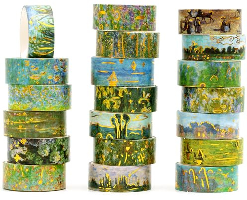 Songdao 20 rullar guldfolie Washi Tape Set oljemålning stil dekorativ maskeringstejp färgstark för konst, gör-det-själv-hantverk, dagbok, planerare, scrapbook, förpackning (Monet's Water Lily)
