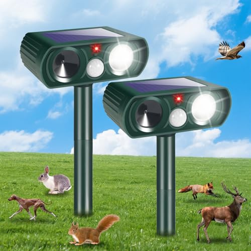 2 Pack Solar Ultrasonic Animal Repeller Outdoor Cat Squirrel Deer Repellent Devices Waterproof Motion Activated Animal Deterrent Devices to Scare Raccoon Rabbit Skunk Repellent for Yard Garden