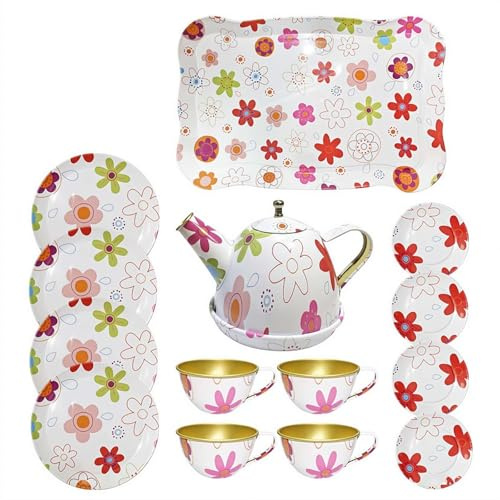 Juego de fiesta de té para niños, juego de simulación, cocina, postre, galletas, tetera, bandeja, juguetes de flores de metal para niñas pequeñas