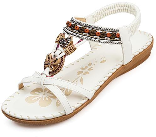 HODTOB Womens Sandals Arch Support Summer Beach Sandals Comfort Walking Orthopedic Bohemian Rhinestones Sandals White 6.5UK
